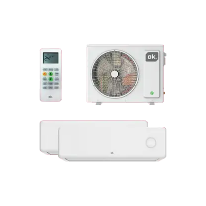Climatiseur Split 2x1 - ok. OAC 140226 ES SET, 1 Split de 2600 fg/h + 1 Split de 3500 fg/h, Inverter, Minuterie 24h, Auto-Nettoyage, Blanc